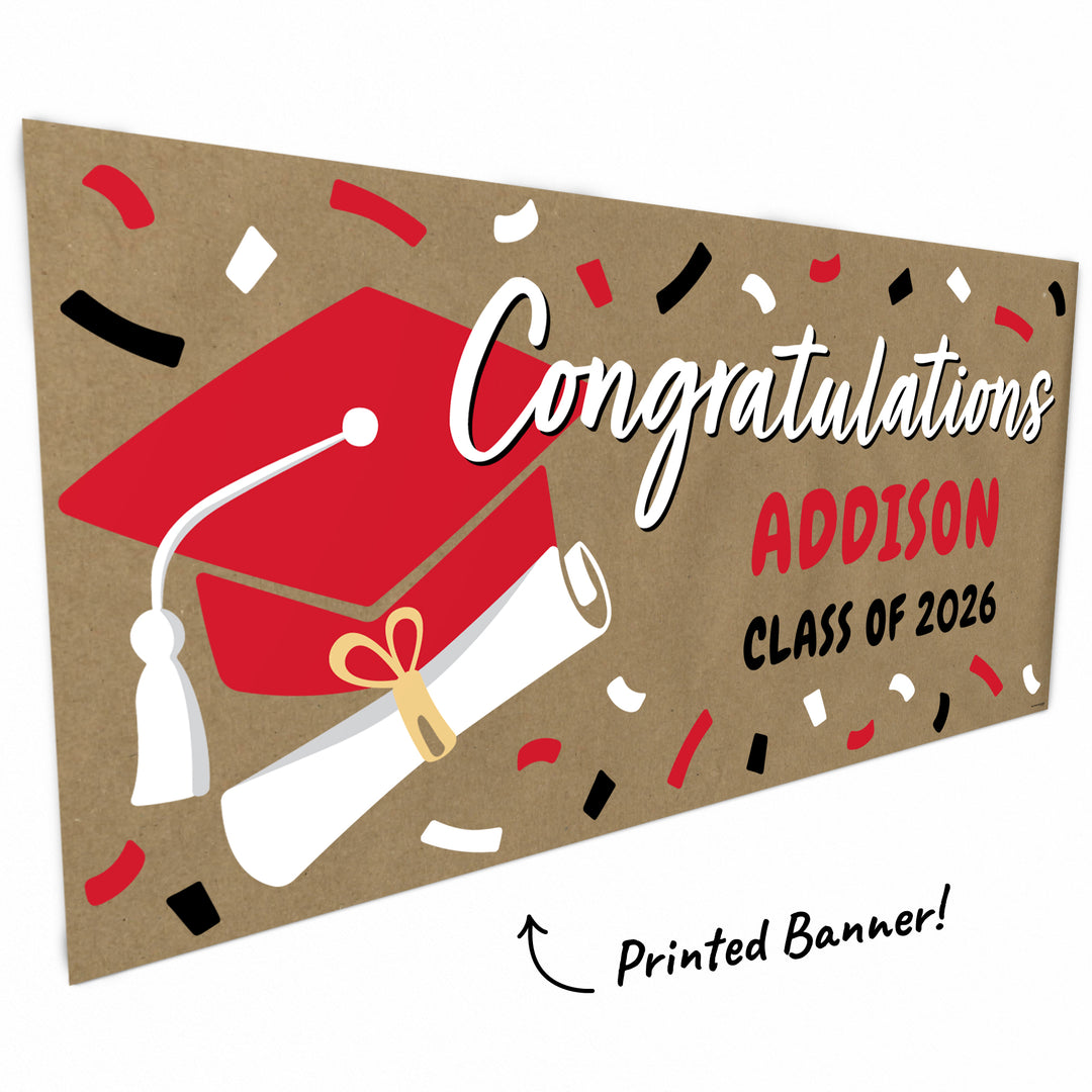 Hand-painted style red graduation banner close-up