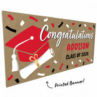 Hand-painted style red graduation banner close-up