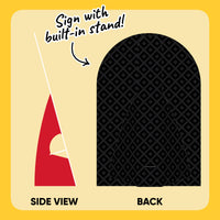 Back detail of red graduation party sign showing fold stand assembly