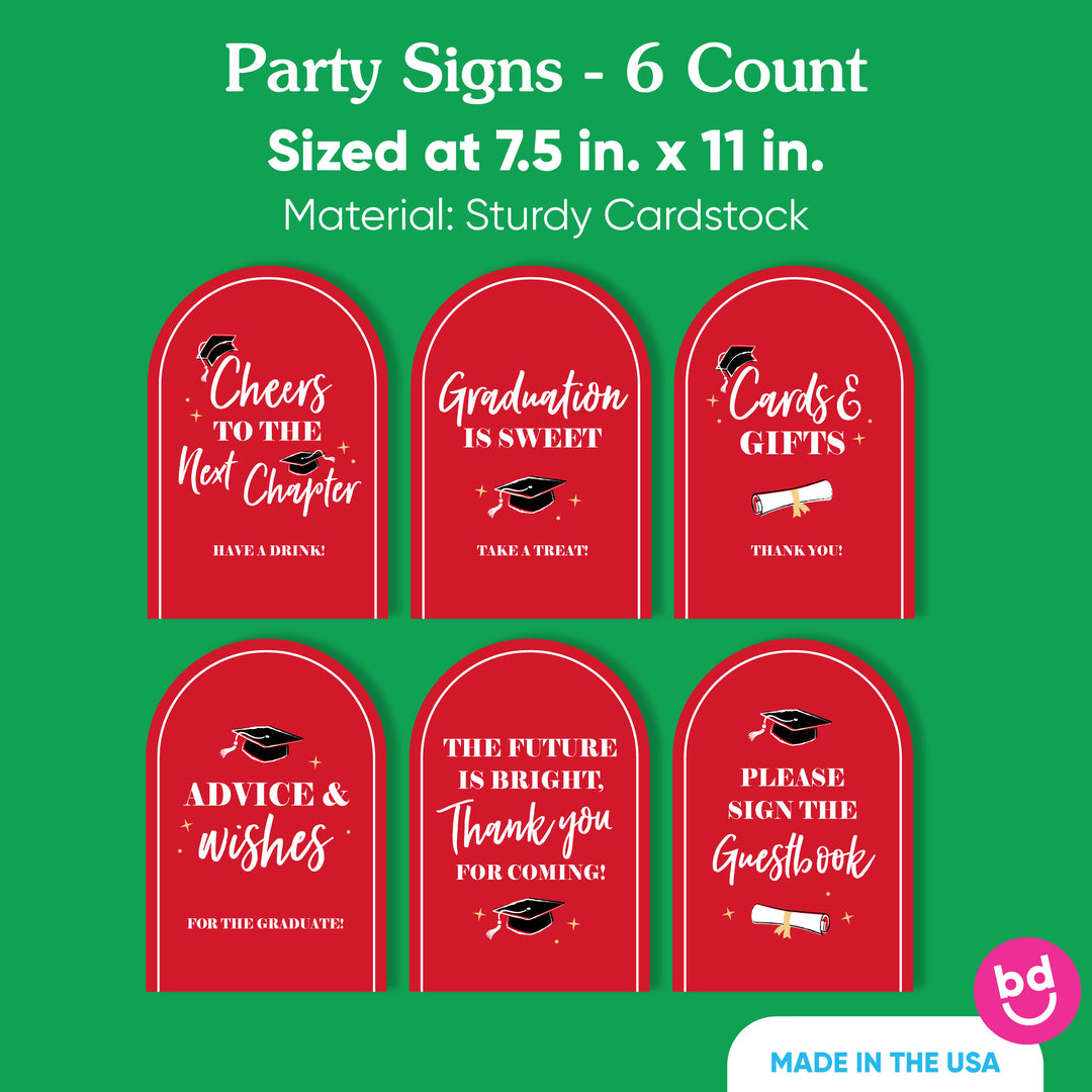 Set of six red graduation open house table signs for party stations