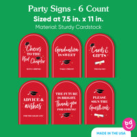 Set of six red graduation open house table signs for party stations