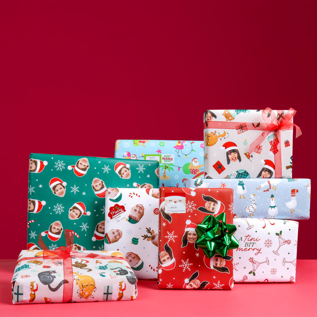 Custom Face Wrapping Paper - Green Christmas Santa