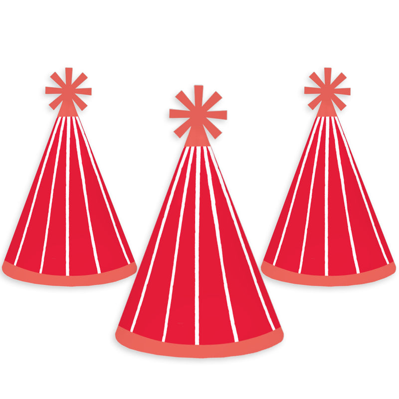 Red Stripes - Cone Happy Birthday Party Hats for Kids and Adults - Set of 8 (Standard Size)