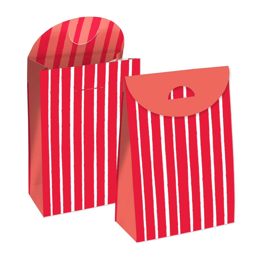 Red Stripes - Simple Gift Favor Bags - Party Goodie Boxes - Set of 12