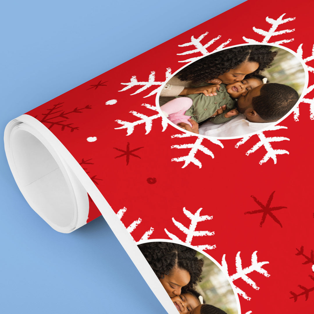 Custom Photo Wrapping Paper - Red & White Snowflakes