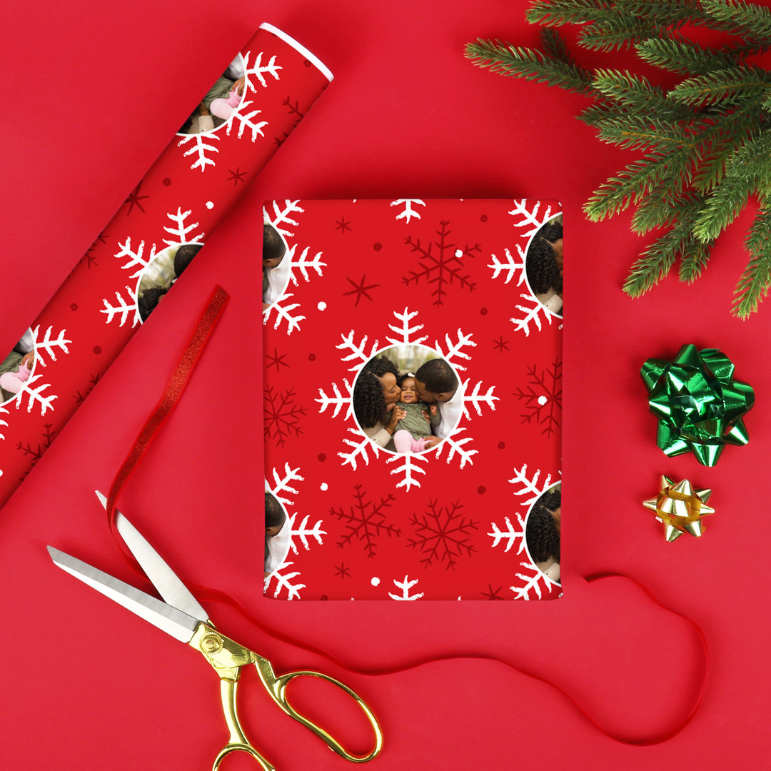 Custom Photo Wrapping Paper - Red & White Snowflakes