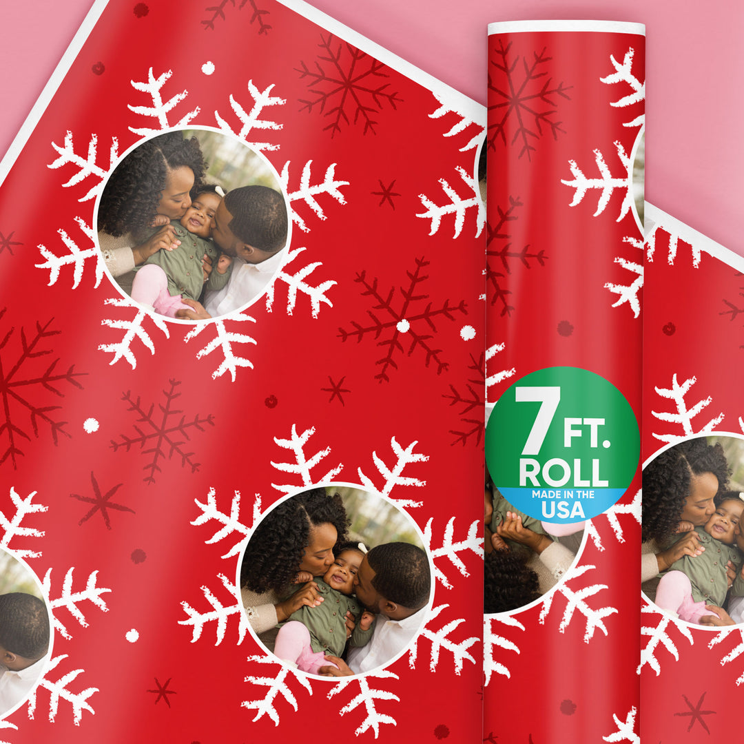 Custom Photo Wrapping Paper - Red & White Snowflakes