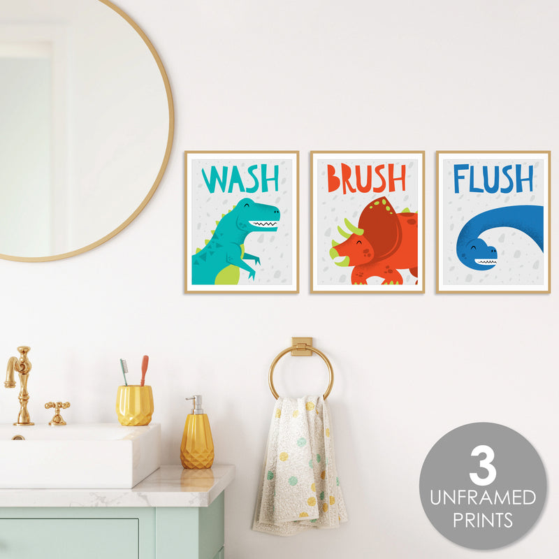 Roar Dinosaur - Unframed Wash, Brush, Flush - Dino Mite Trex Bathroom Wall Art - 8 x 10 inches - Set of 3 Prints