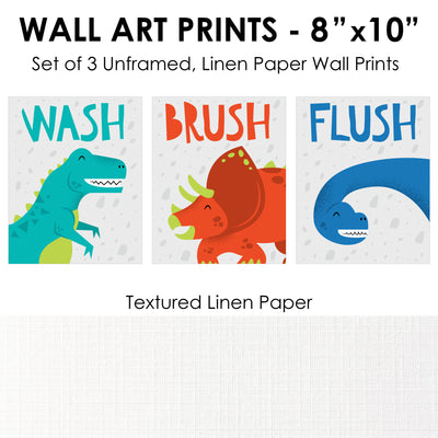 Roar Dinosaur - Unframed Wash, Brush, Flush - Dino Mite Trex Bathroom Wall Art - 8 x 10 inches - Set of 3 Prints