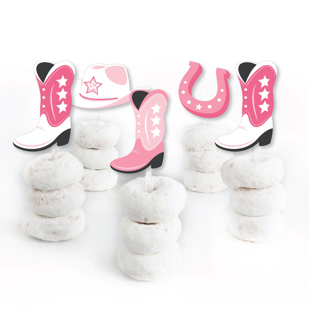 Rodeo Cowgirl - Dessert Cupcake Toppers - Pink Western Party Clear Treat Picks - Set of 24