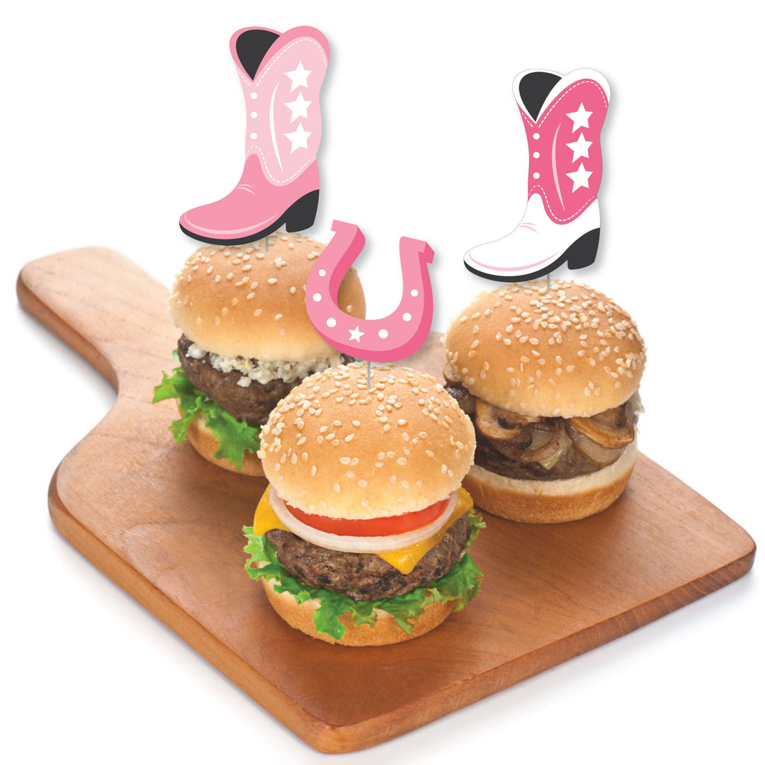 Rodeo Cowgirl - Dessert Cupcake Toppers - Pink Western Party Clear Treat Picks - Set of 24