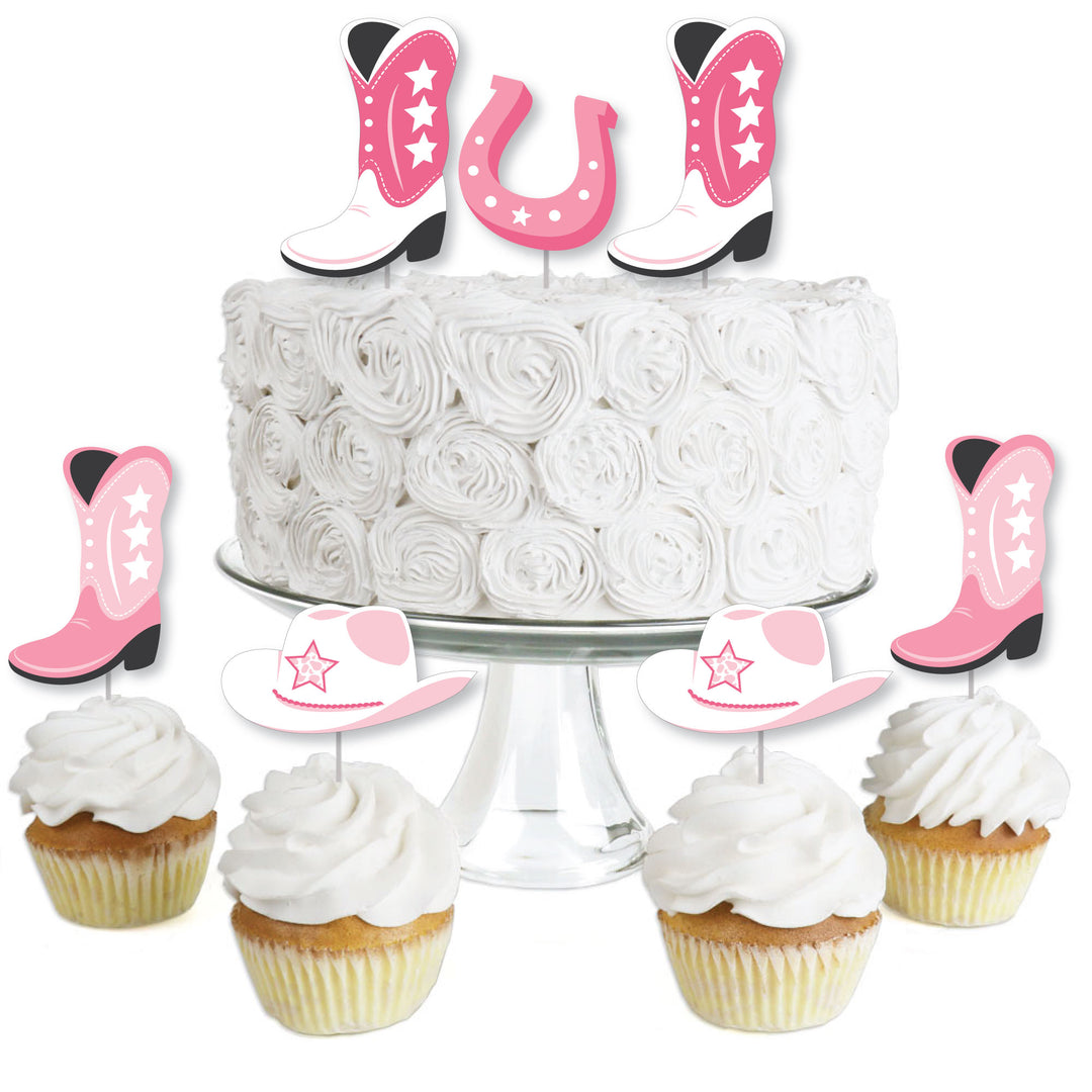 Rodeo Cowgirl - Dessert Cupcake Toppers - Pink Western Party Clear Treat Picks - Set of 24