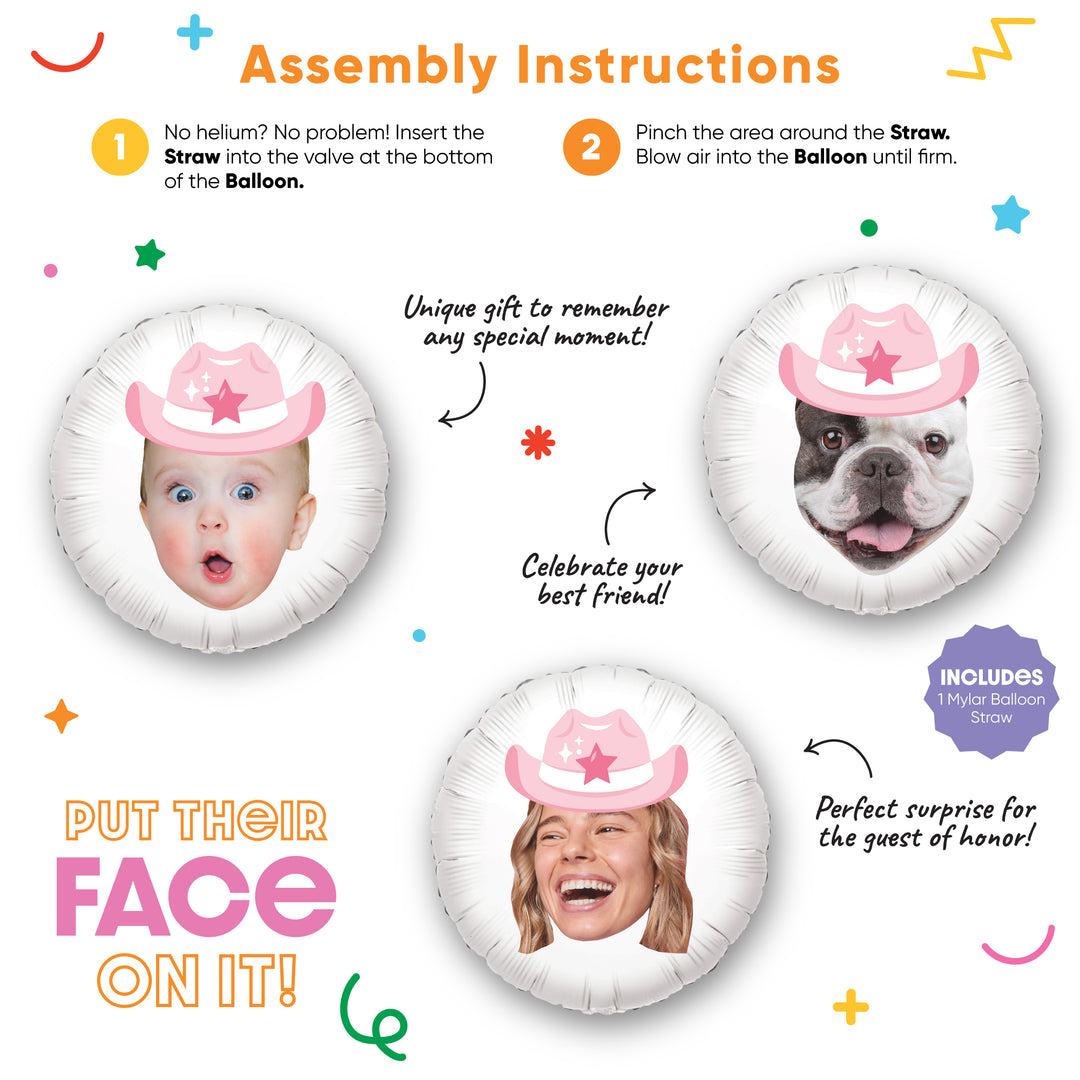 Personalized Fun Face Pink Cowboy Hat Balloon - Double Sided - 1 Ct