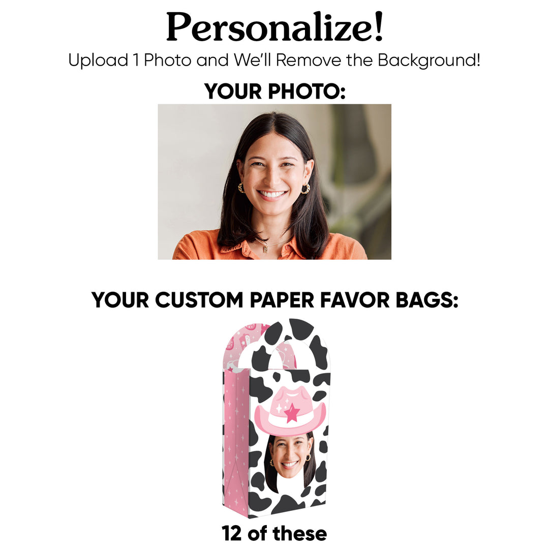 Custom Face Rodeo Cowgirl Paper Favor Bags - 12 Ct