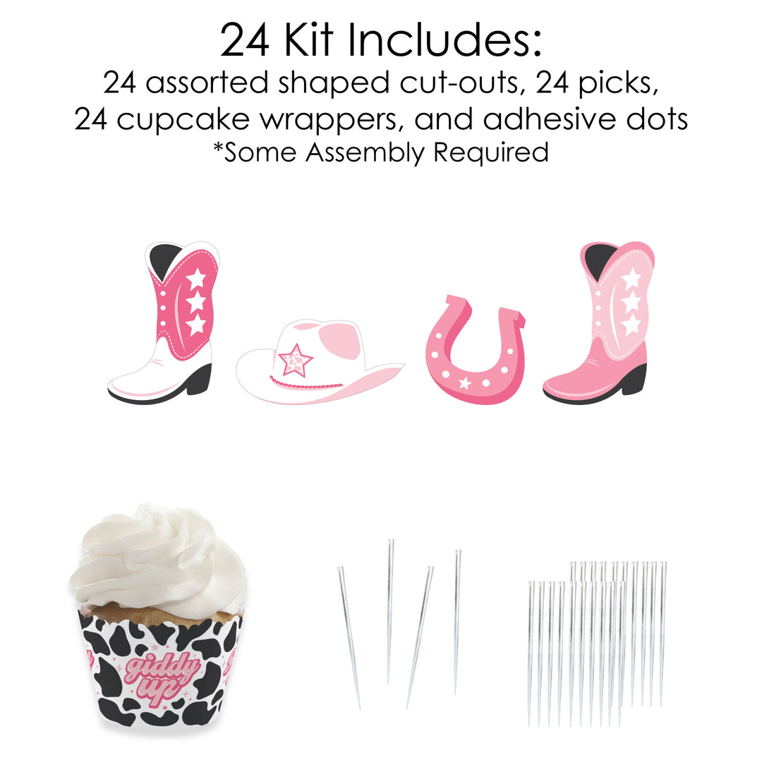 Rodeo Cowgirl - Cupcake Decoration - Pink Western Party Cupcake Wrappers and Treat Picks Kit - Set of 24