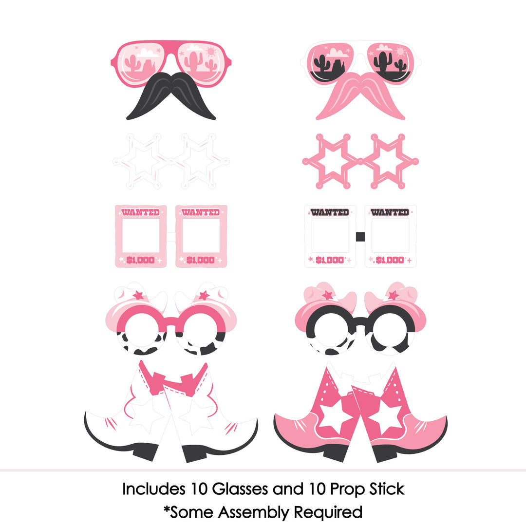 Rodeo Cowgirl Glasses and Masks - Paper Card Stock Pink Western Party Photo Booth Props Kit - 10 Count