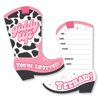 Cowboy boot-shaped fill-in invitations for a western party with 'Giddy Up' and 'Yeehaw' text, and spaces for party details. The set includes white envelopes.