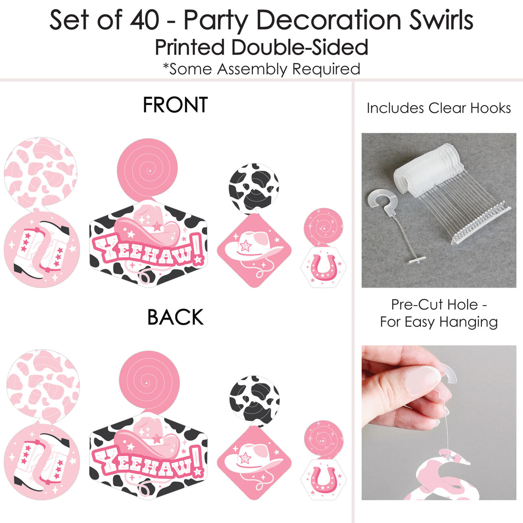 Rodeo Cowgirl - Pink Western Party Hanging Decor - Party Decoration Swirls - Set of 40