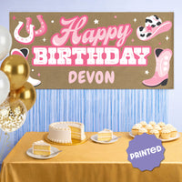 Pink western birthday backdrop with personalized cowgirl banner