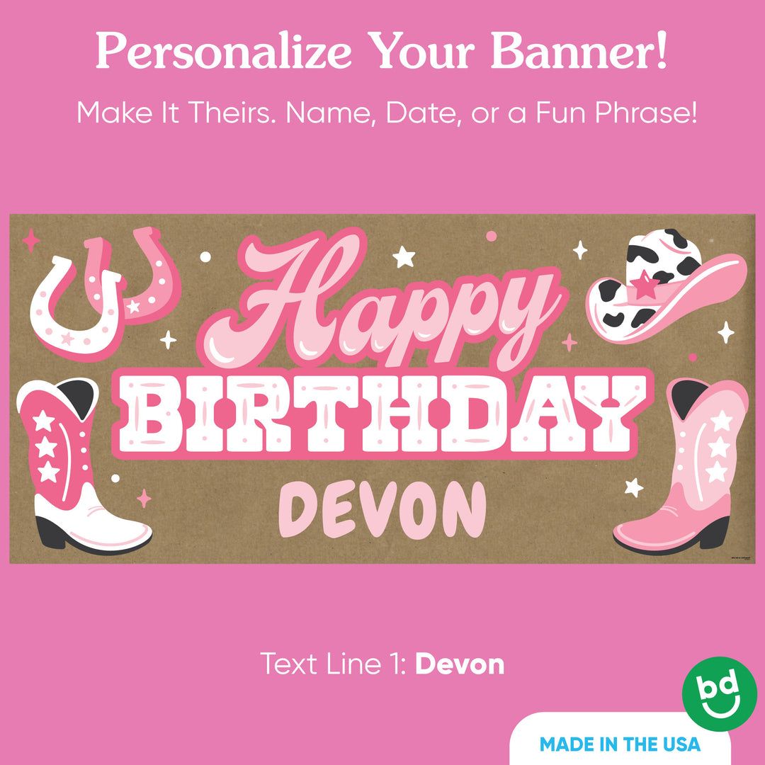 Custom name printed on cowgirl birthday banner