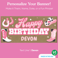Custom name printed on cowgirl birthday banner