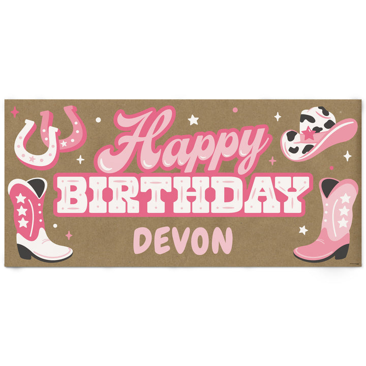 Personalized Pink Cowgirl Happy Birthday kraft banner