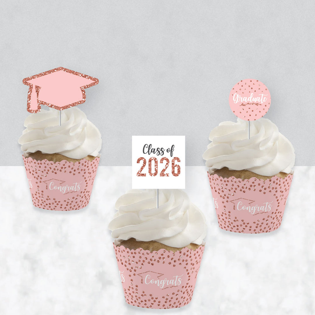 Rose Gold Grad - Cupcake Decoration - 2026 Graduation Party Cupcake Wrappers and Treat Picks Kit - Set of 24