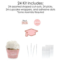 Rose Gold Grad - Cupcake Decoration - 2026 Graduation Party Cupcake Wrappers and Treat Picks Kit - Set of 24