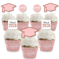 Rose Gold Grad - Cupcake Decoration - 2026 Graduation Party Cupcake Wrappers and Treat Picks Kit - Set of 24