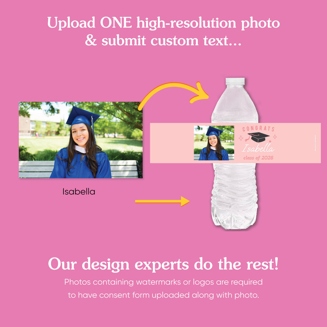 Custom Photo Rose Gold Graduation Water Bottle Labels
