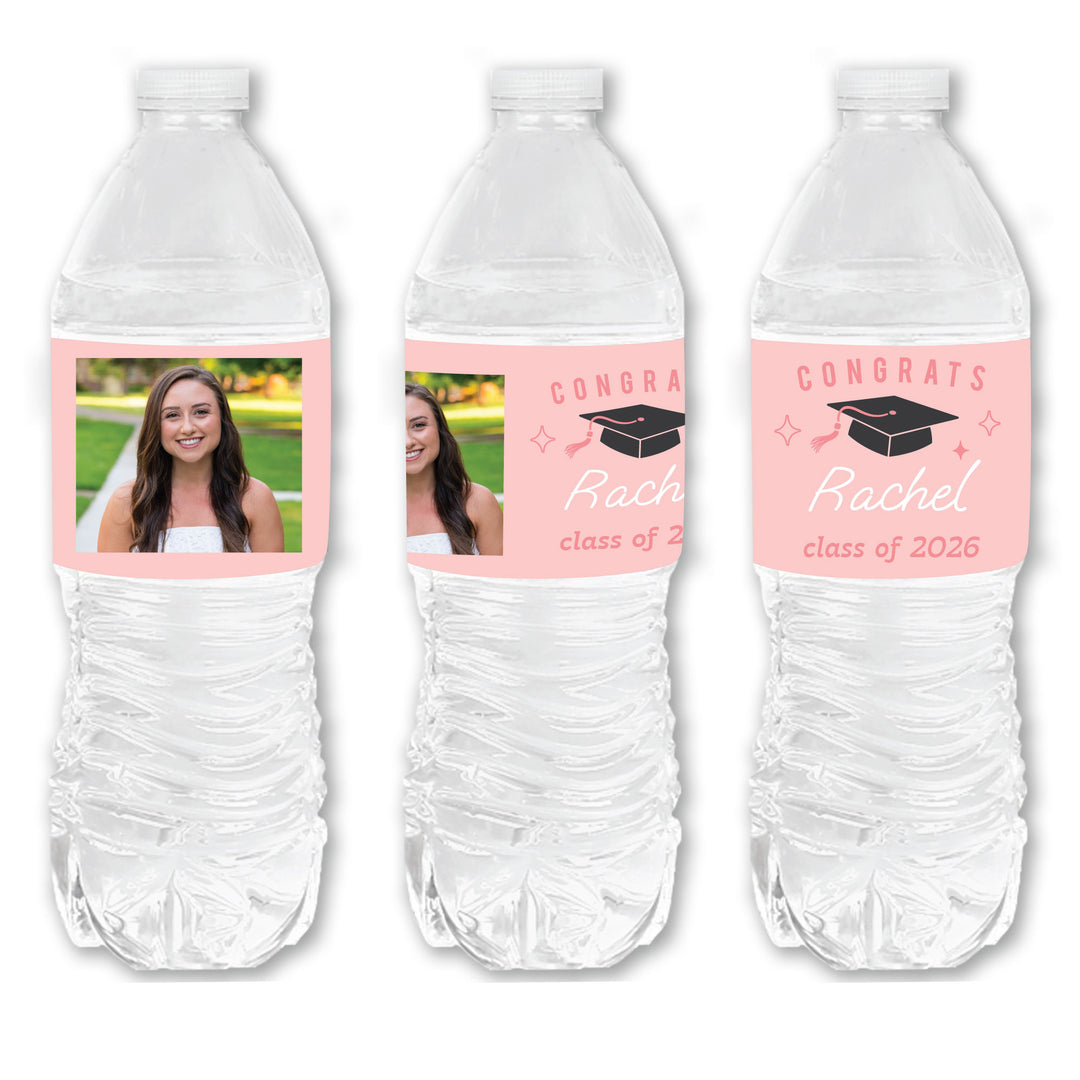 Custom Photo Rose Gold Graduation Water Bottle Labels