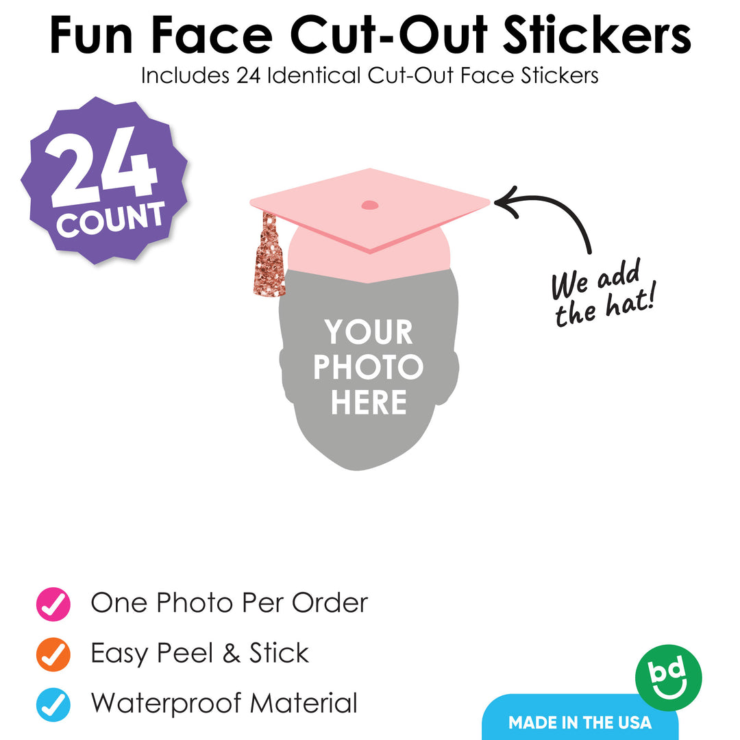 Custom Rose Gold Grad Cap Fun Face Cut-Out Stickers - Set of 24