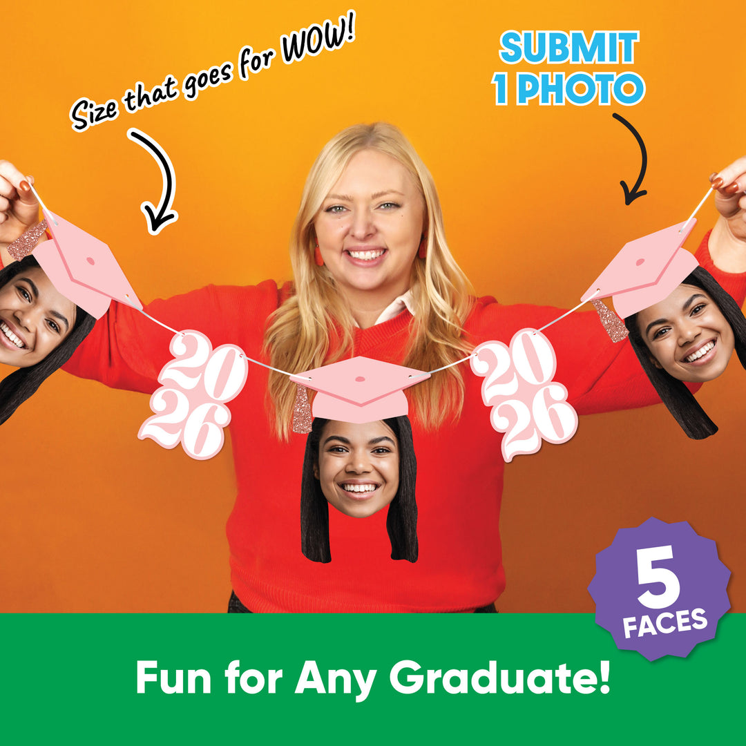 Five personalized face cutouts with pink Class of 2026