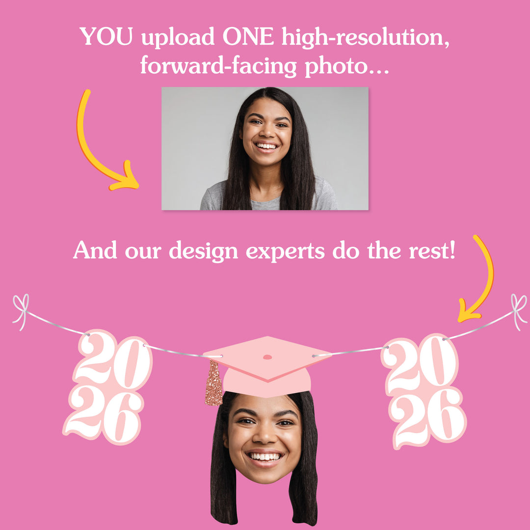Promotional graphic for photo customization service with a pink background and text.