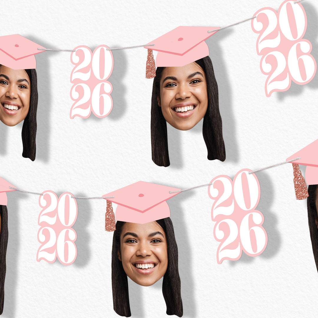 Pink graduation fun face garland banner with custom photo faces