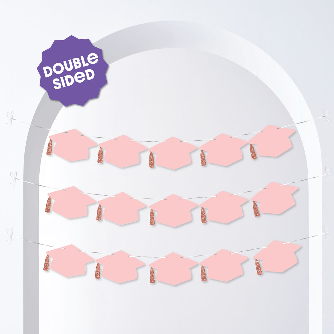 Rose Gold Grad Cap Garland Banner - 15 Pc
