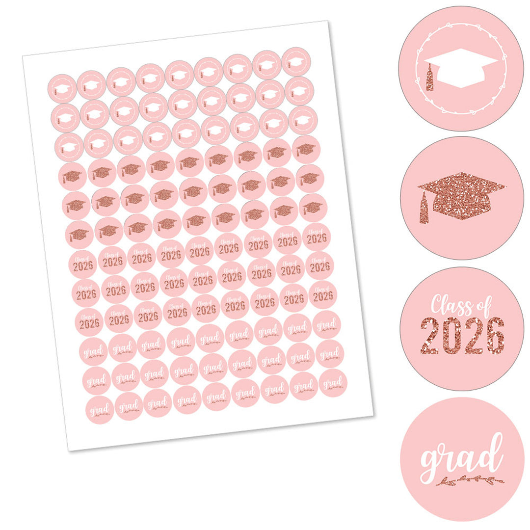 Sheet of pink graduation-themed stickers with 'Class of 2026' text on a white background.