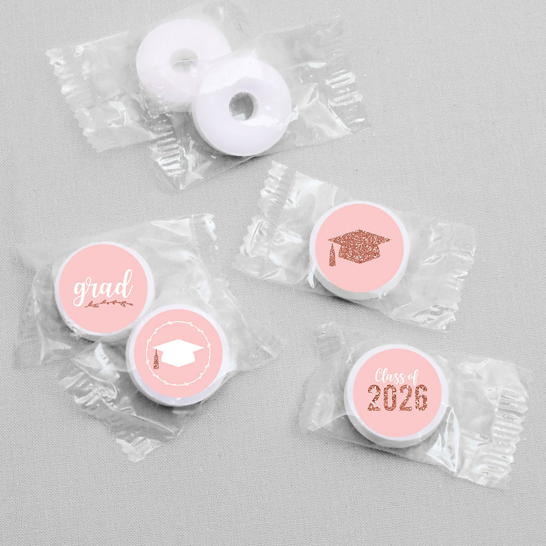 Rose Gold Grad - Round Candy Labels 2026 Graduation Party Favors - Fits Hershey's Kisses 108 ct