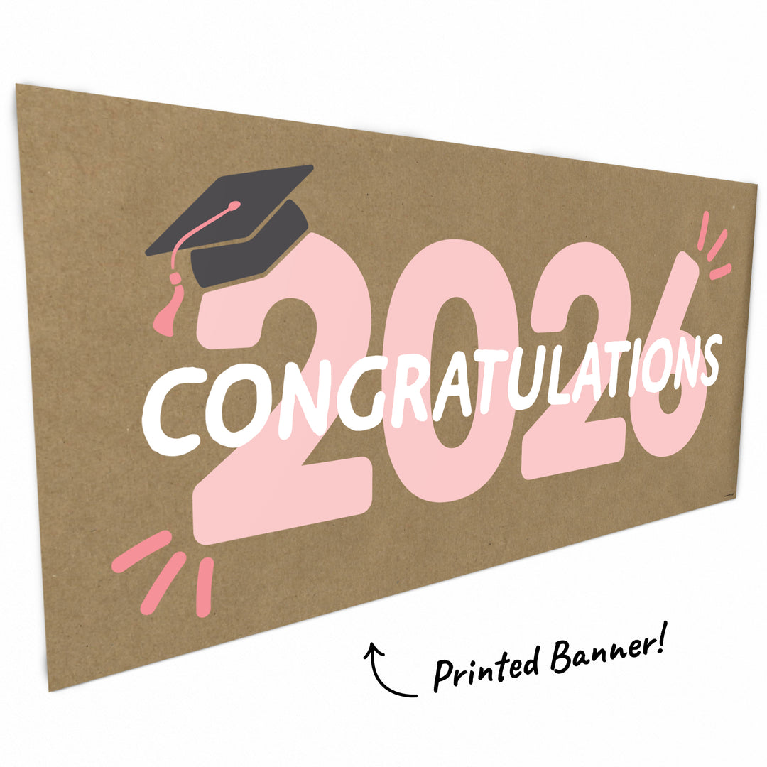 Rose gold 2026 graduation banner close-up
