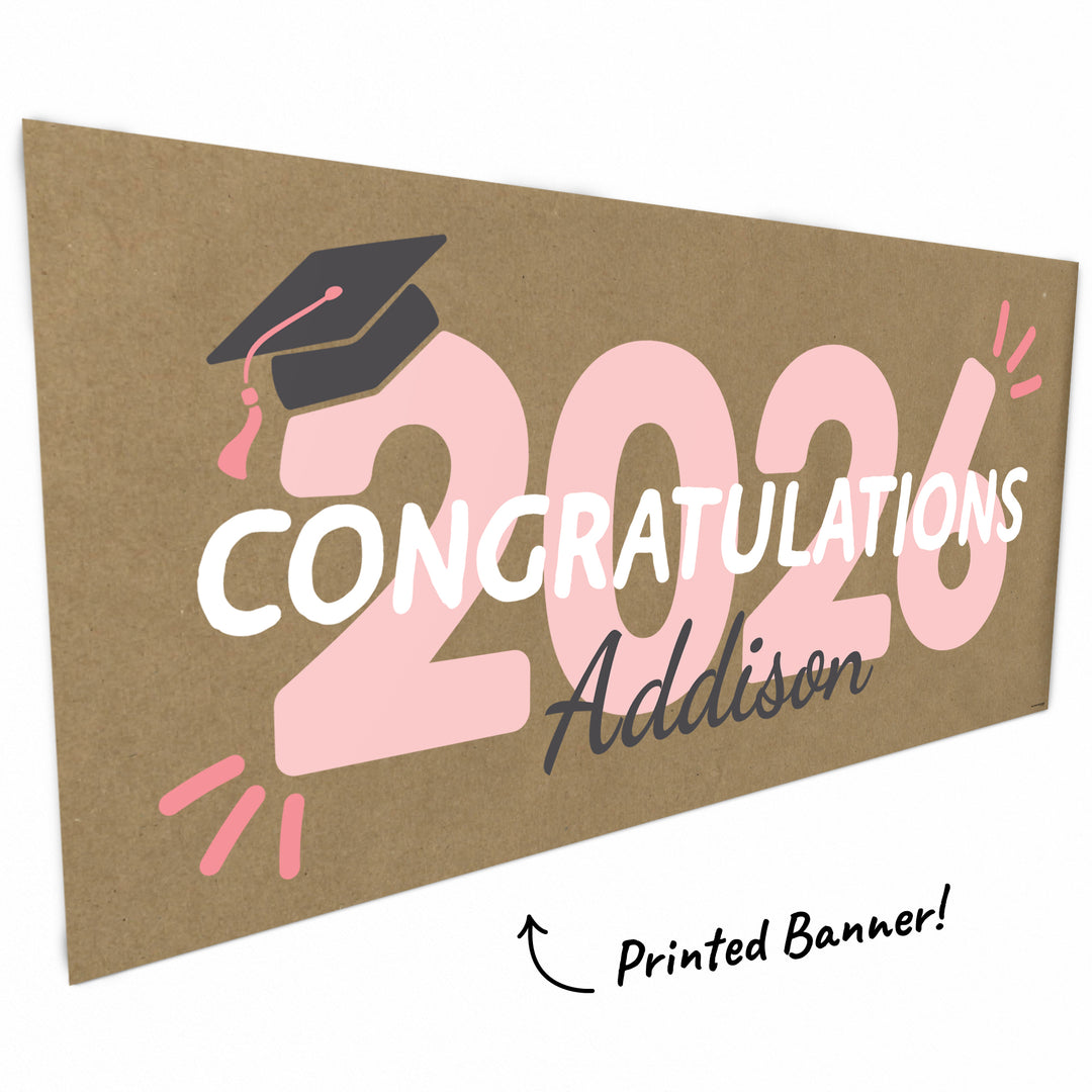 Rose gold 2026 graduation banner close-up detail
