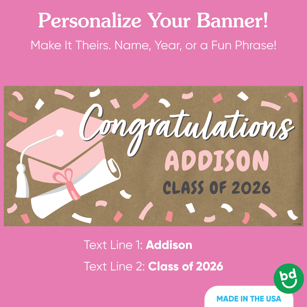 Custom name rose gold graduation banner on kraft paper