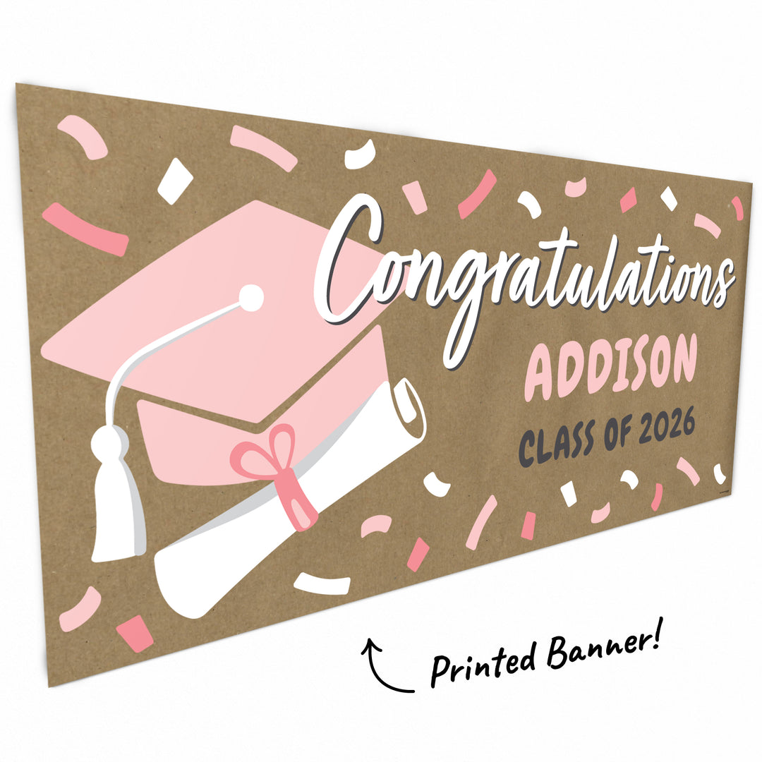 Rose gold hand-painted style graduation banner close-up
