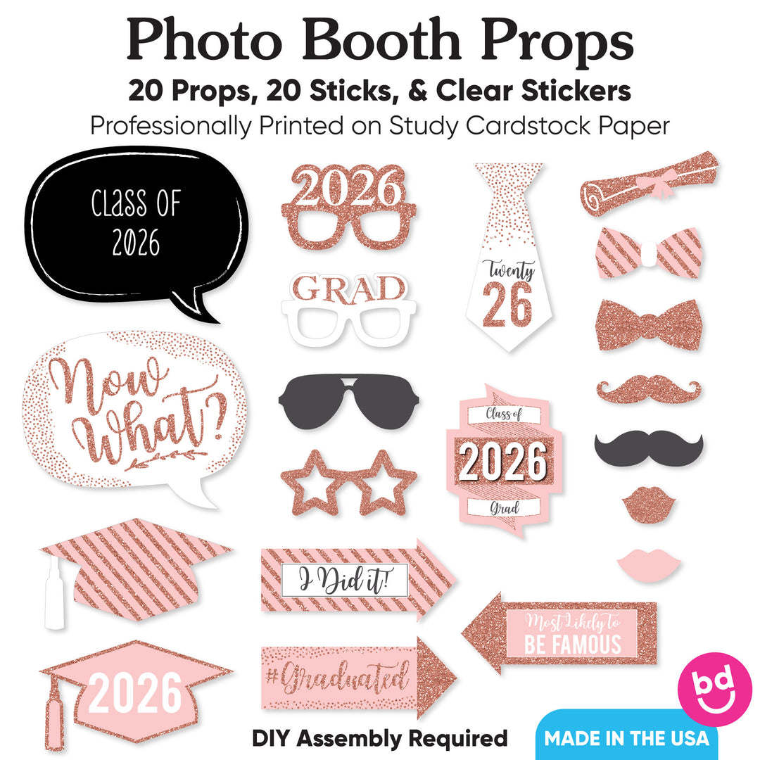 Rose Gold Grad - 2026 Graduation Party Photo Booth Props Kit - 20 Count