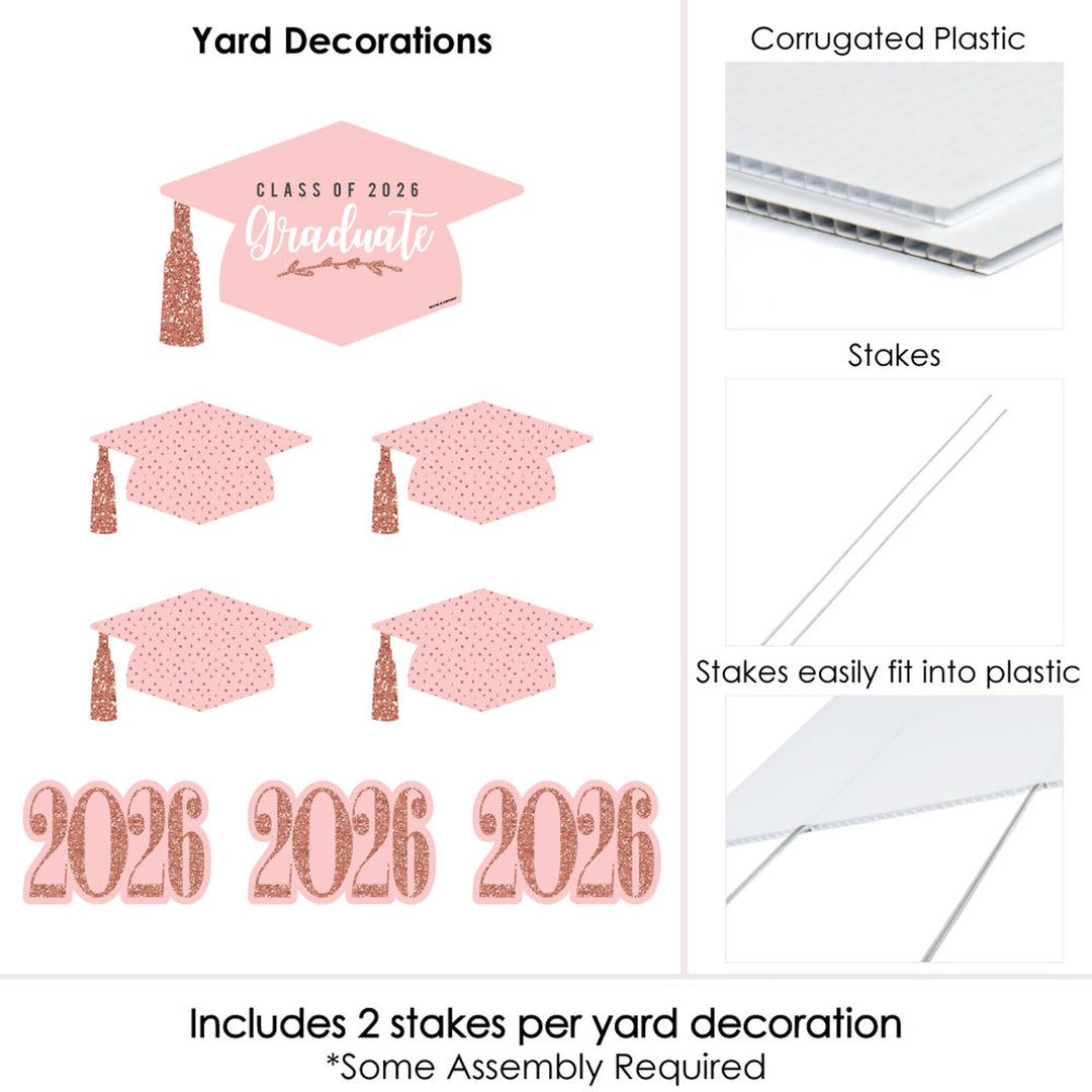 Rose Gold Grad - Yard Sign & Outdoor Lawn Decorations - 2026 Graduation Party Yard Signs - Set of 8