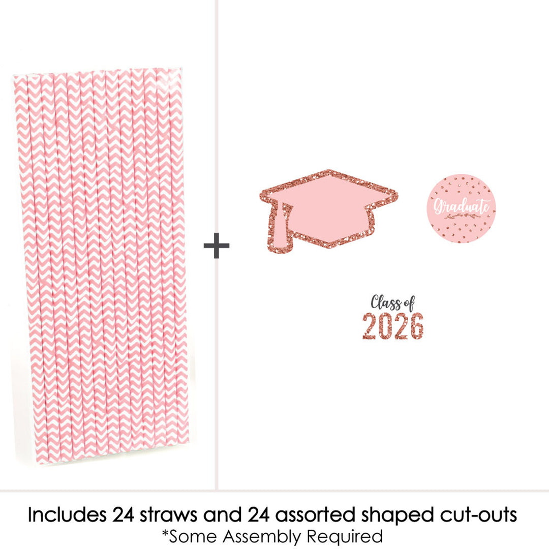 Rose Gold Grad - Paper Straw Decor - 2026 Graduation Party Striped Decorative Straws - Set of 24