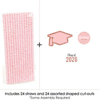 Rose Gold Grad - Paper Straw Decor - 2026 Graduation Party Striped Decorative Straws - Set of 24