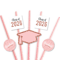 Rose Gold Grad - Paper Straw Decor - 2026 Graduation Party Striped Decorative Straws - Set of 24