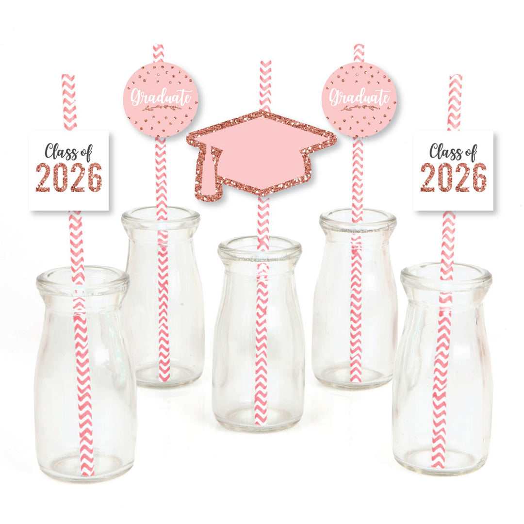 Rose Gold Grad - Paper Straw Decor - 2026 Graduation Party Striped Decorative Straws - Set of 24
