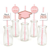 Rose Gold Grad - Paper Straw Decor - 2026 Graduation Party Striped Decorative Straws - Set of 24