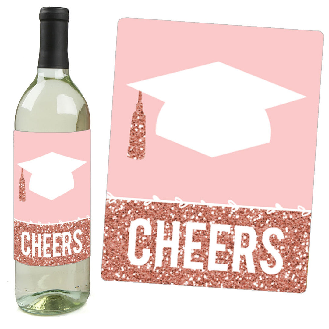 Rose Gold Grad - 2026 Graduation Party Decorations for Women and Men - Wine Bottle Label Stickers - Set of 4